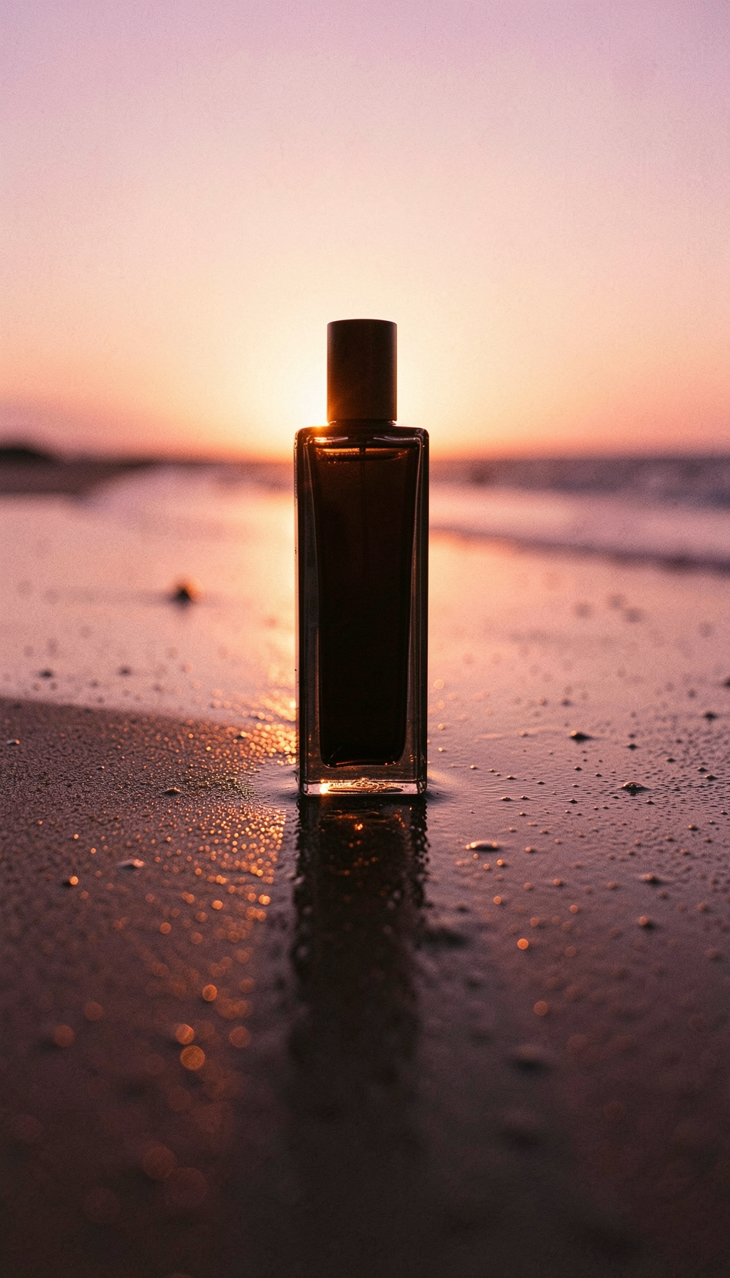 A product bottle on wet sand, backlit by a low sun.