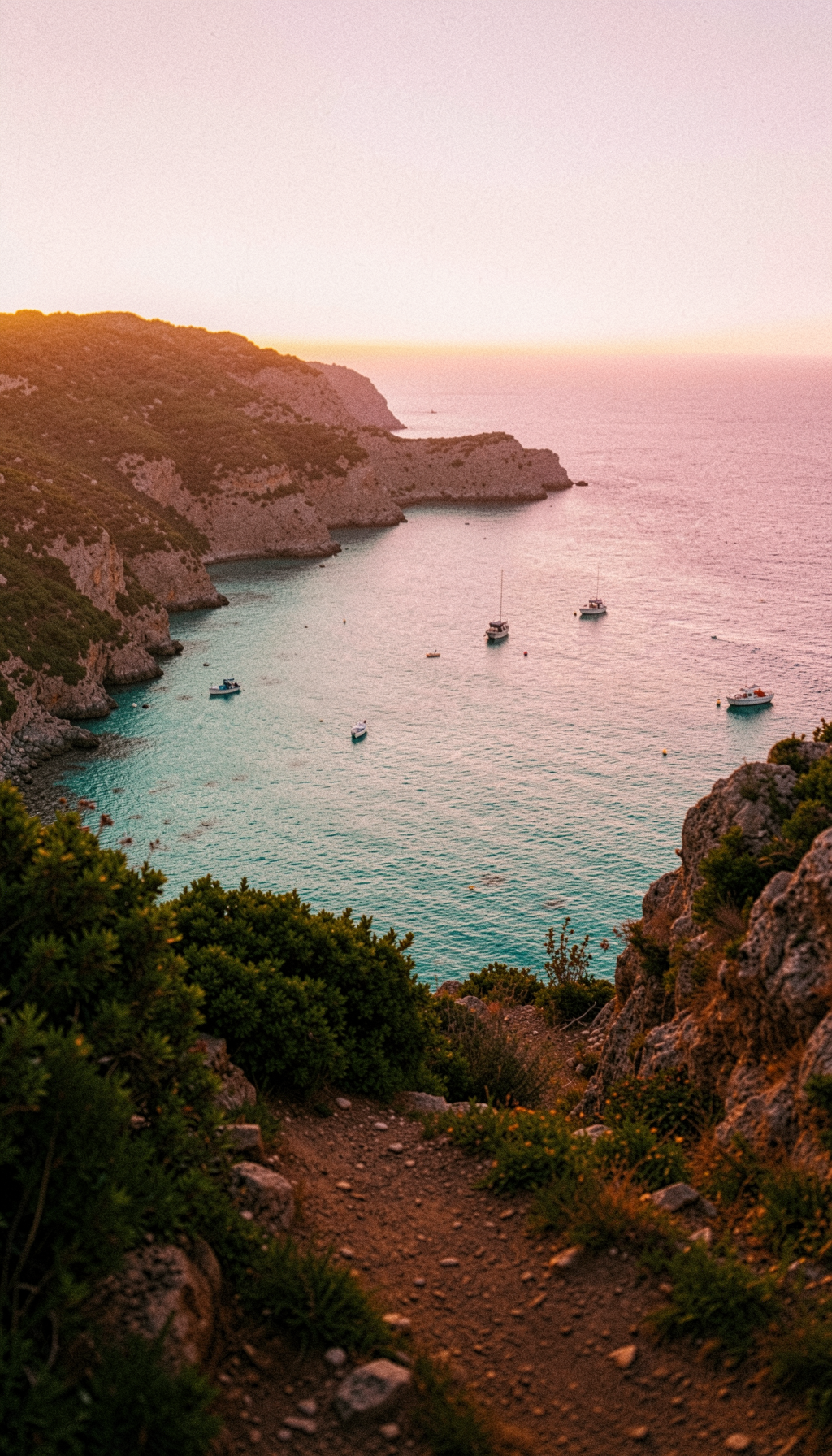 A turquoise cove seen from a cliff path.