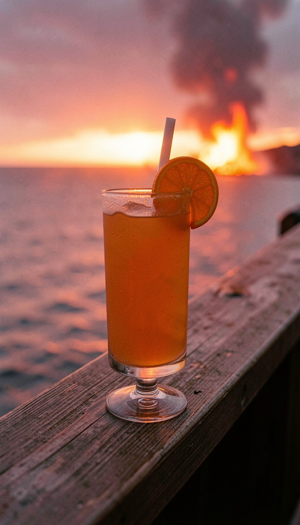 A cocktail on a bar rail against the sea at sunset.