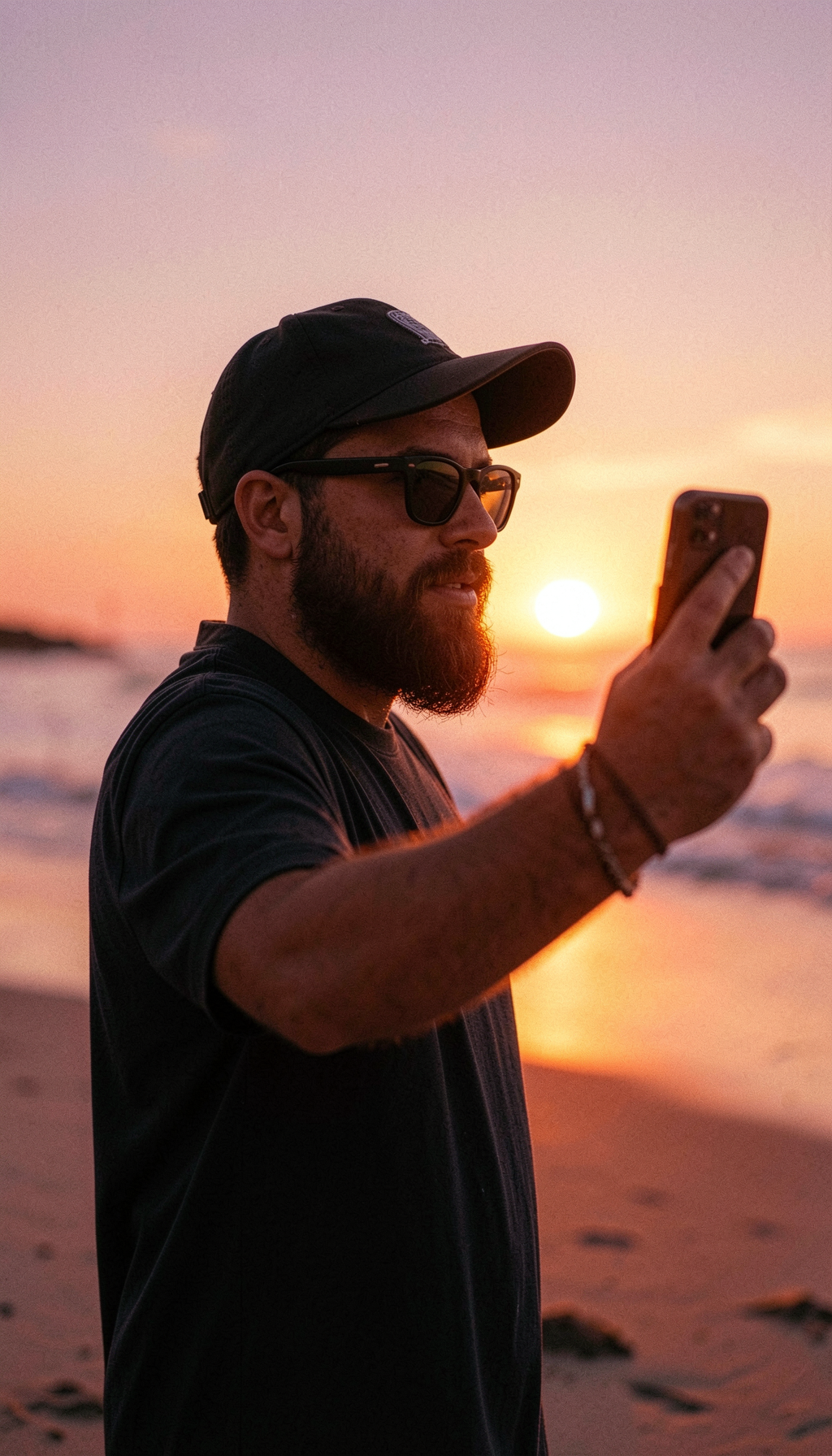 A creator on a beach at golden hour.
